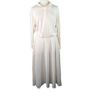 Amy-Deb Maxi Dress Sz 10 100% Acrylic Ivory Button Up Long‎ Slv Stretch Pleated
